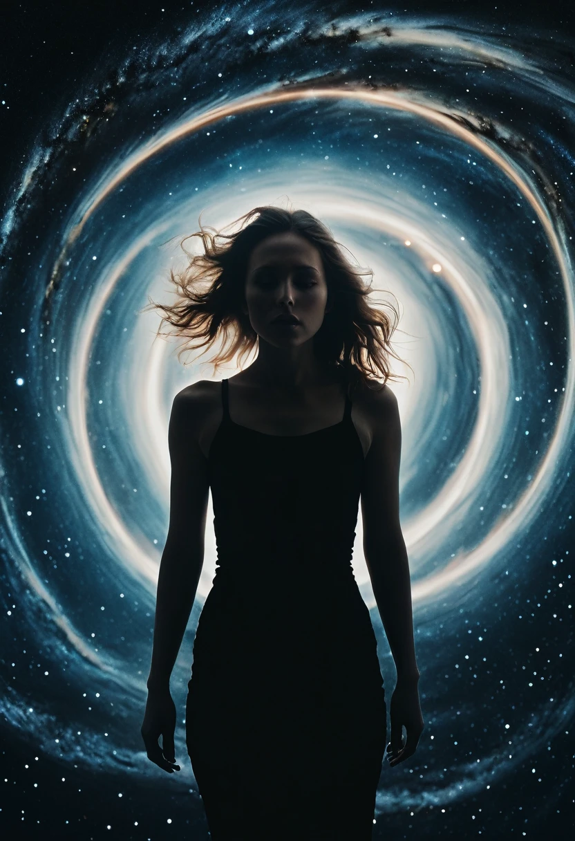 centered view, cinematic still, a cosmic black hole, in the middle of space, double exposure complex art by Alex Stoddard, Natalia Drepina and Brooke Shaden, extremely dynamic, unusual , vintage, cinemascope, Rollei 35S.