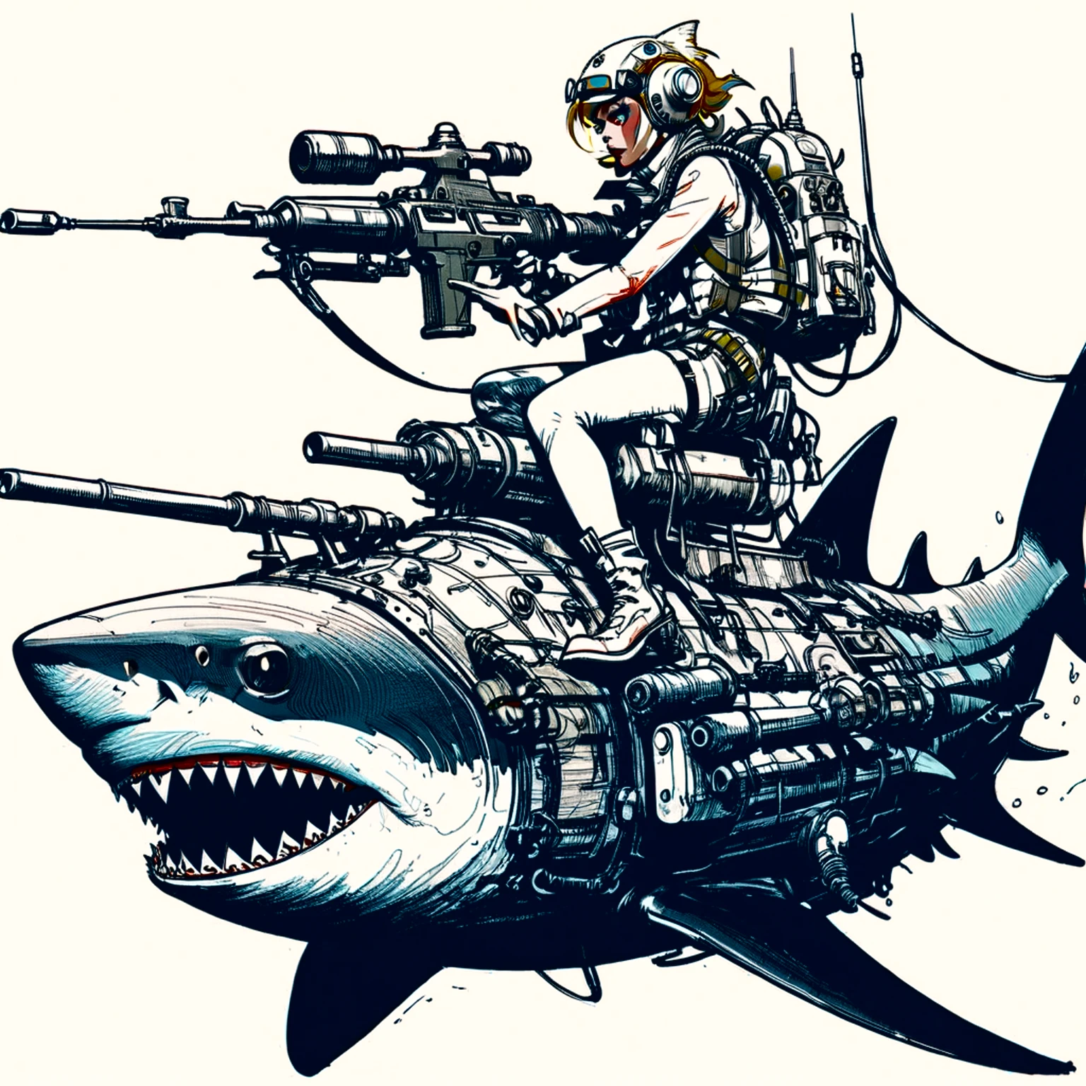 illustate (jamie hewlett style) tank girl, riding a shark submarine, sketch, unfinished, expressive ink bold line style, cinematic, splash page, wearing deep sea submersion suit, submarine shark sense of movement and energy
