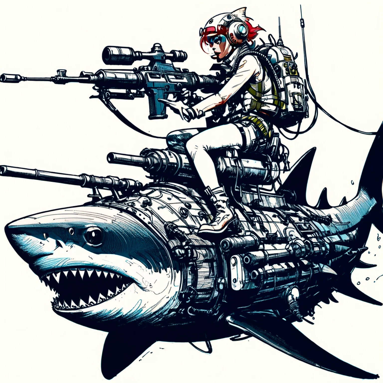 illustate (jamie hewlett style) tank girl, riding a shark submarine, sketch, unfinished, expressive ink bold line style, cinematic, splash page, wearing deep sea submersion suit, submarine shark sense of movement and energy