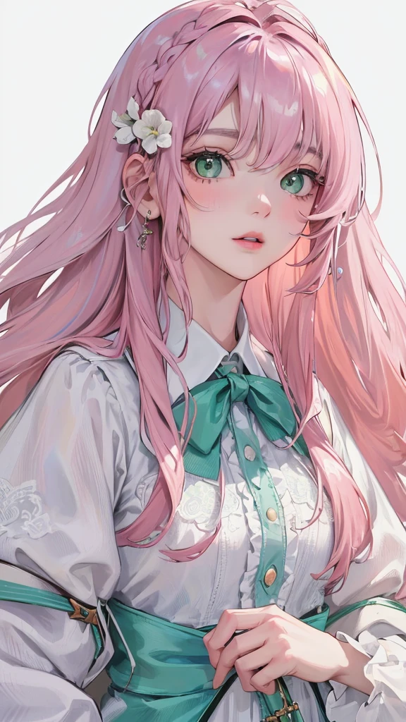 (Top resolution、Distinct_image)top-quality、femele、masterpiece、highly detailed、Semi-realistic、green eyes、18year old、young、cute students clothing、Exquisite facial features、Facial features、unique hairstyle, variations, potrait, white background, pink hair