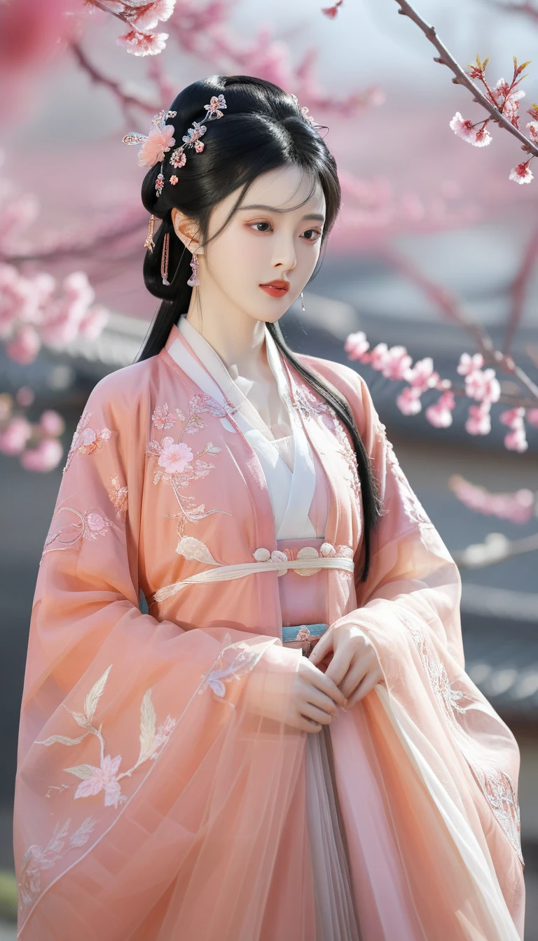 masterpiece,best quality,8K,official art, spring, peach blossom, flying petals, sunshine, ultra high res,1girl,looking at viewer,chinese clothes,hanfu,jewelry,hair ornament,upper body,solo,earrings,plateau,turret,flower,black hair,necklace,teeth,hair, dress, dress (dress, dress, dress, dress, dress, dress, dress), hanfu,embroidery,exquisite,meticulous,(tulle:1.4),