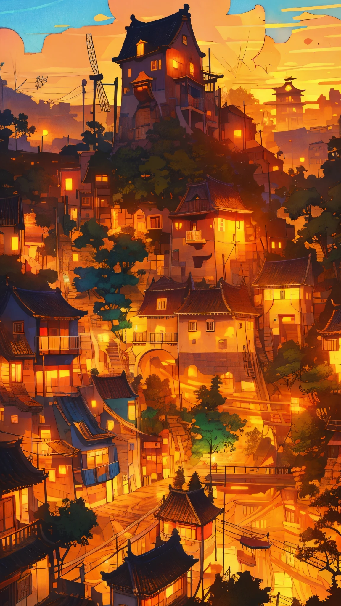 Drawings of windmills and houses in a beautiful japanese village, long shot, city concept art, warm colors, lovely, anime artyle, art of Winsor McCay