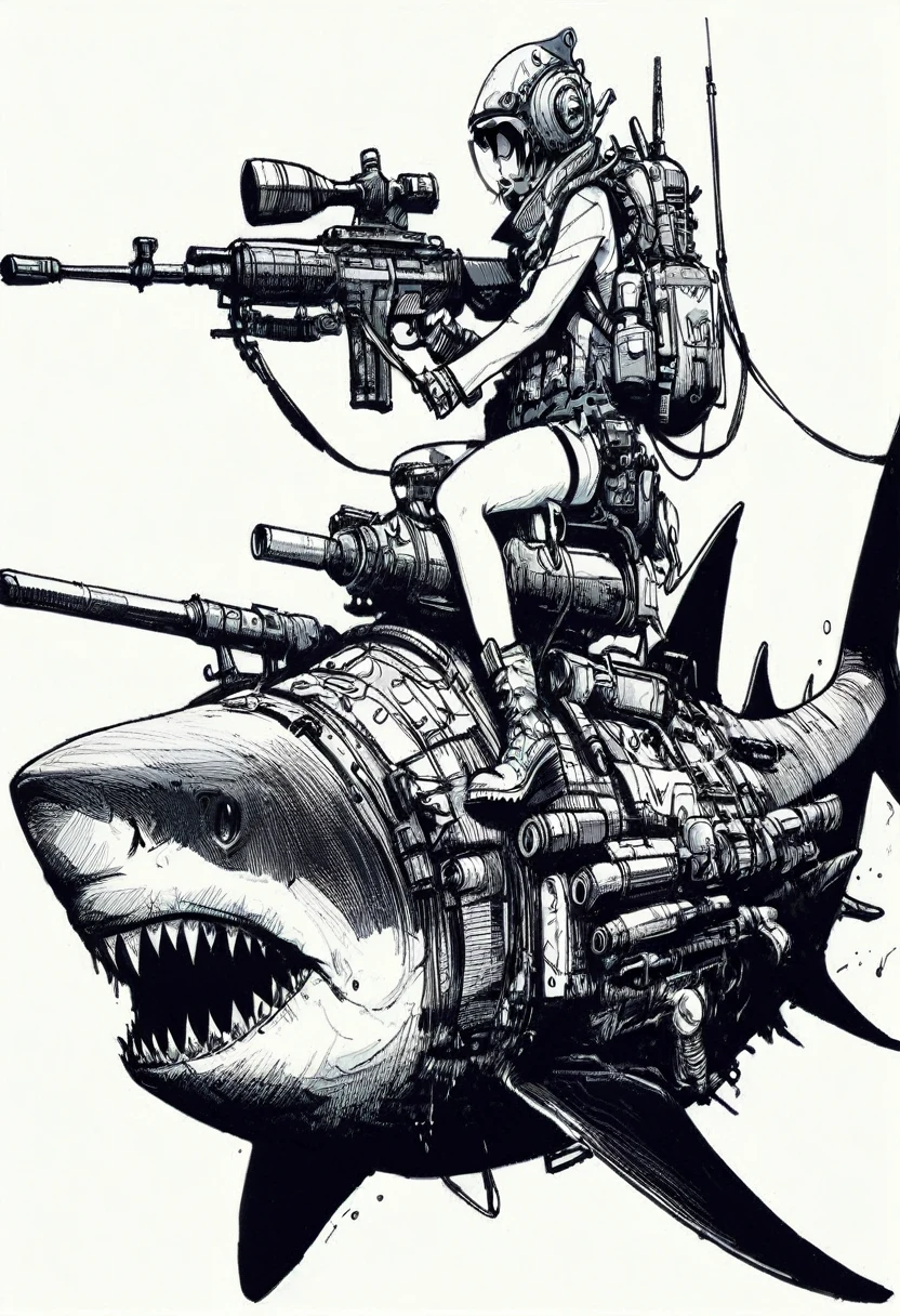 illustate (jamie hewlett style) tank girl, riding a shark submarine, sketch, unfinished, expressive ink bold line style, cinematic, splash page, wearing deep sea submersion suit, submarine shark sense of movement and energy