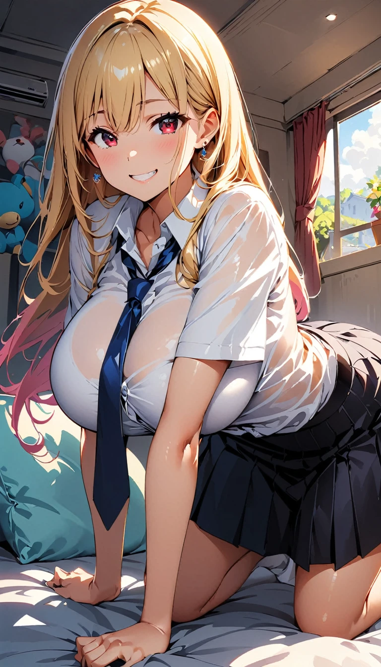 (Highest quality:1.2, Anime works, Very detailed, High detail, digital coloring, High Contrast, masterpiece:1.2, Highest quality, Best aesthetics), (((Kitagawa Marine, 1 Girl))), Blonde, Straight Long Hair, Pink gradient hair, Red eyes, Earrings, White shirt, Black Choker, Blue tie, Check skirt, Grin, smile, The pose is random、 Angle from behind、 Cute room、Girly room、Room with bright lighting、White Wallpaper、Stuffed toys near the pillow、ベットの上でOn all fours、Huge breasts、See-through 、Thin fabric shirt、The color of underwear is random、Assを突き出す、On all fours、Ass、On all fours