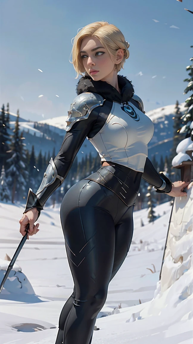 masterpiece, best quality, (full body shot,,moon),Masterpiece, 1girl, solo exhibition, beautiful woman, , beautiful goddess girl, beautiful and detailed face, porcelain skin, (((bust shot, center, blonde hair, short hair)), super soft lighting, symmetry, complexity, elegance, high detail, realism, art, concept art, Nordic female warrior, amazing body, athletic, curvy, black fur armor, snowy scenery, outdoor Nordic background, lace leggings 