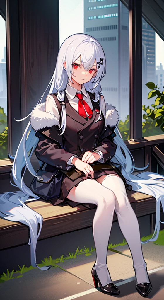 Girl with long white hair, red eyes, sitting on a guys lap.