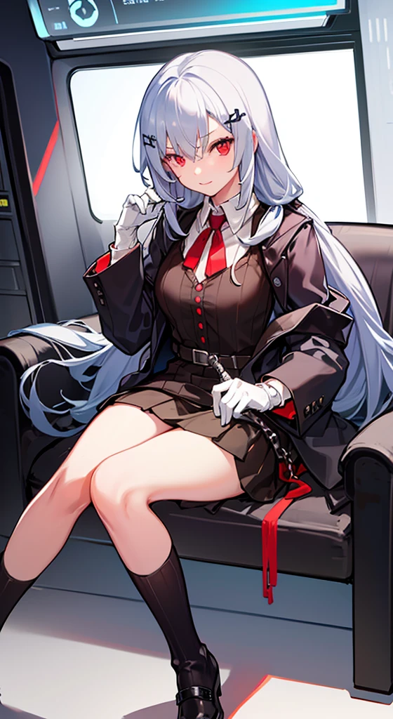 Girl with long white hair, red eyes, sitting on a guys lap.