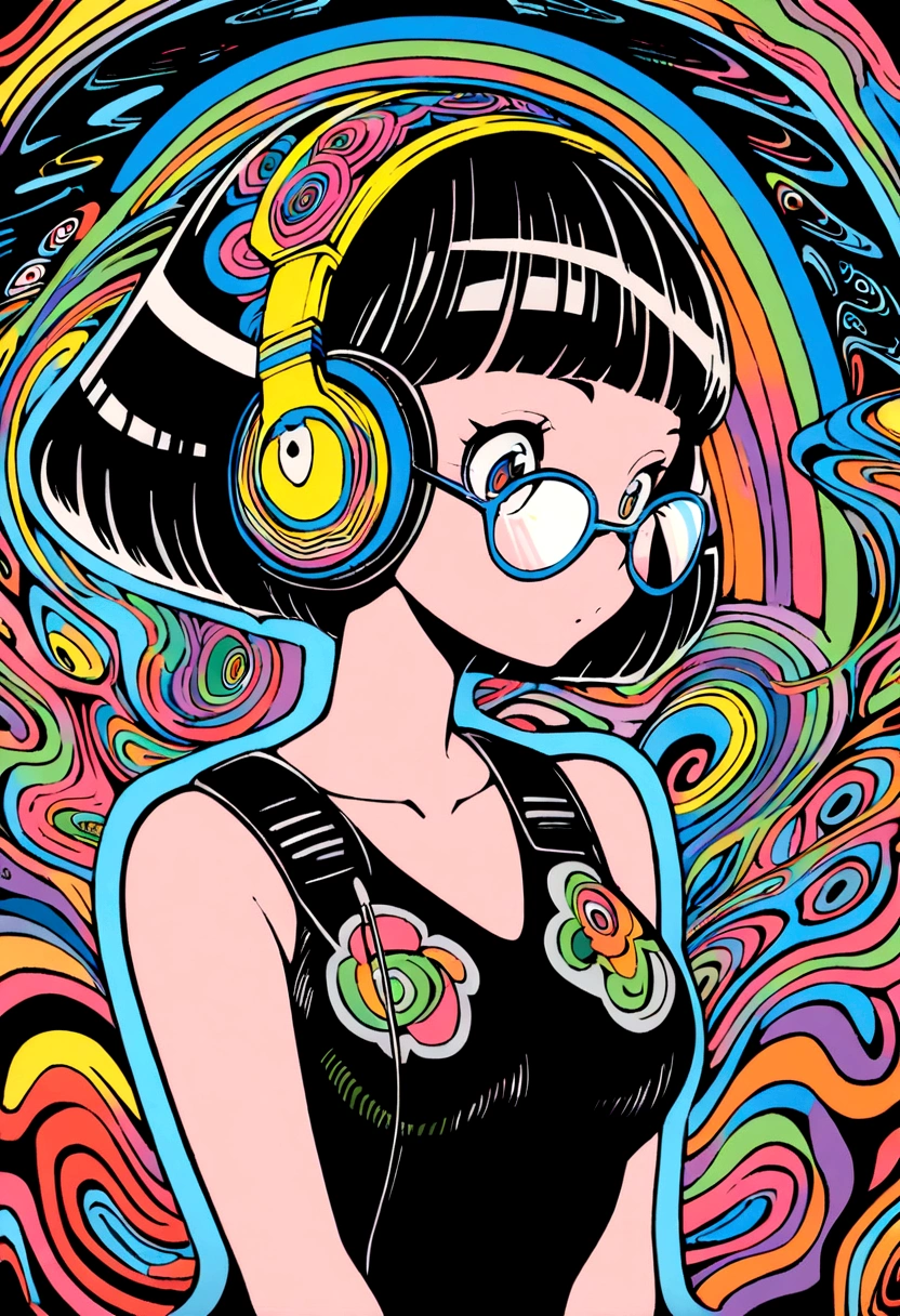 (extremely detailed fine touch:1.3), psychedelic art, ukiyoe art, 1girl, solo, short hair, (((under-rimmed glasses:1.3))), (headphones:1.3), medium breasts, bare arms, kabuki style,