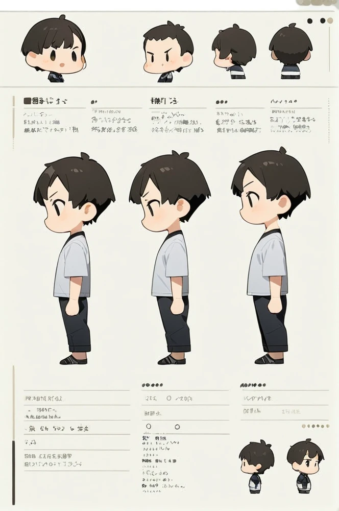 Character sheet, white background, chibi, male, short hair, simple clothes, squat pose, front view, side view, back view, 3/4 view, cartoon style, high quality, high resolution