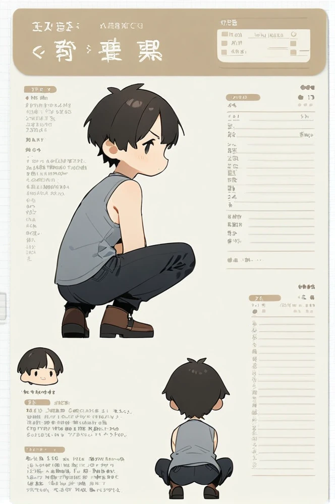 Character sheet, white background, chibi, male, short hair, simple clothes, squat pose, front view, side view, back view, 3/4 view, cartoon style, high quality, high resolution