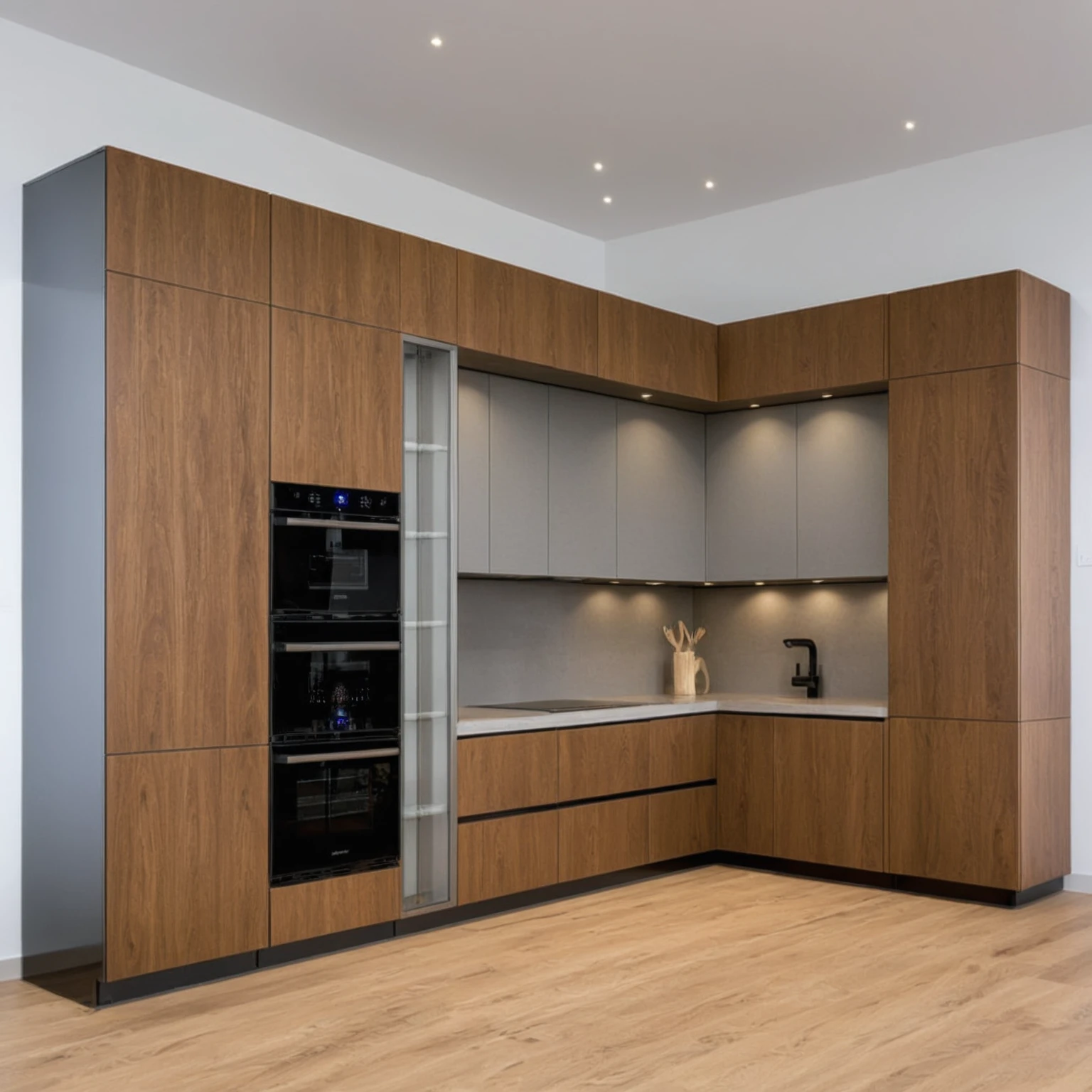 Raw photo,Masterpiece, high quality, best quality, authentic, super detail, interior , sunset, daylight, Kitchen Cabinets style modern, Induction cooker, sink, faucet, oven, built-in microwave, wooden floor