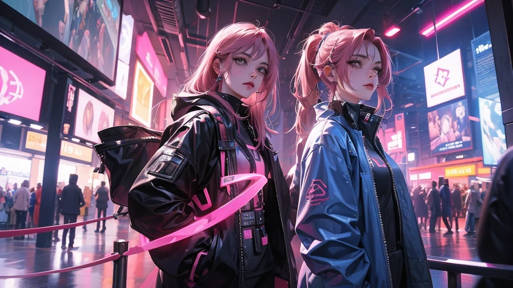 Woman, pink hair, Cyberpunk, technology, mathmatic simbols