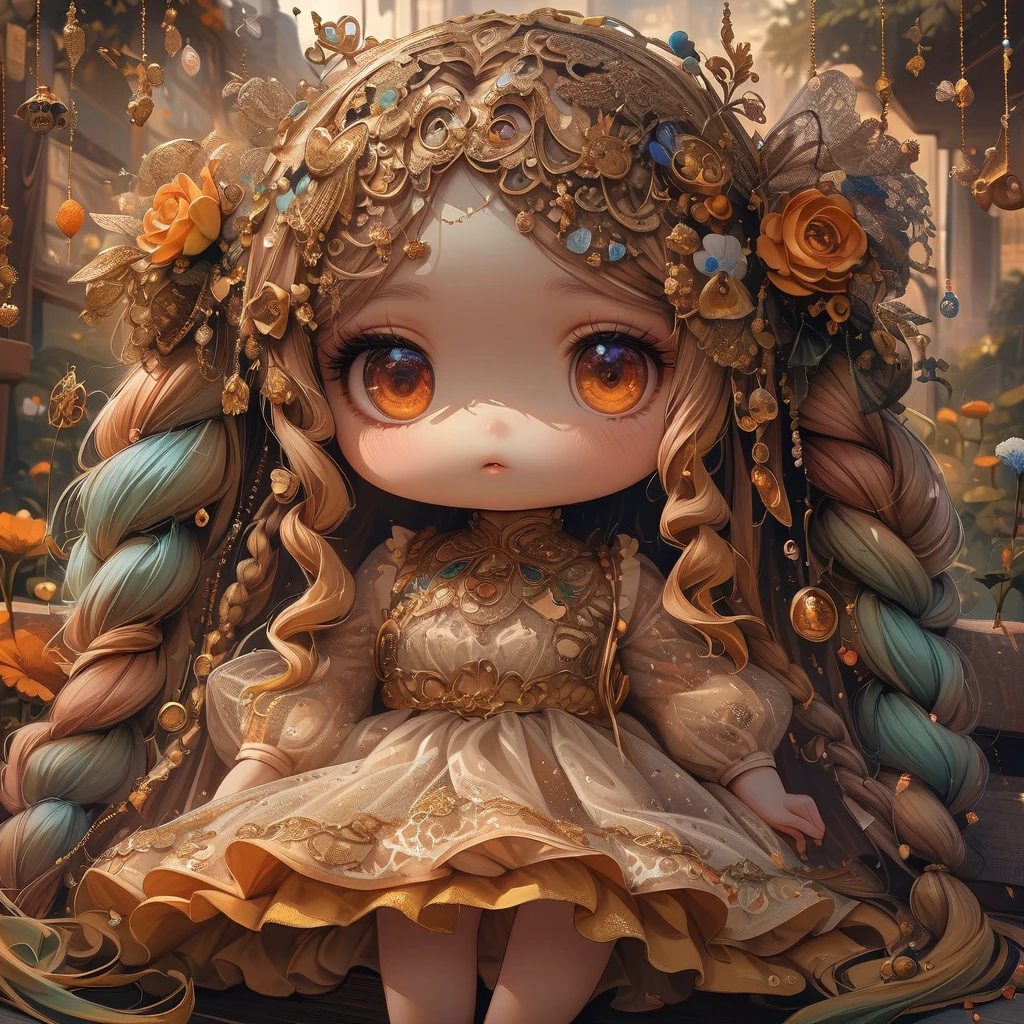girl, Wearing glasses, gradient hair color, Eyes are very delicate,Exquisite hair color,Gold-tone transparent lace dress,huge ,Too much,big and droopy,big ditty big , (((masterpiece))), ((best quality)), ((intricate details)), ((surreal))