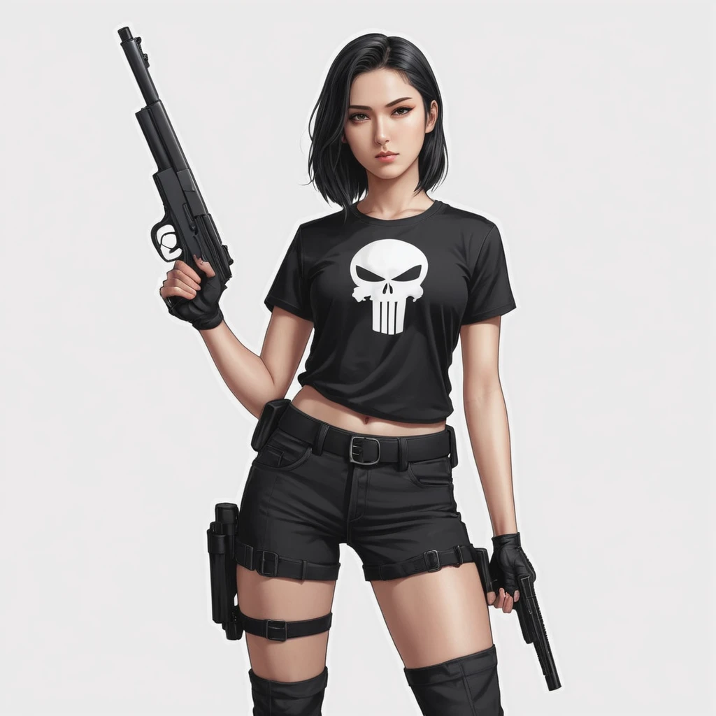 anime artwork of a young sexy punisher woman in a black punisher shirt holding one gun anime manga girl style, entire body in shot, full body shot, anime style, key visual, line art, coloring page, studio anime, highly detailed