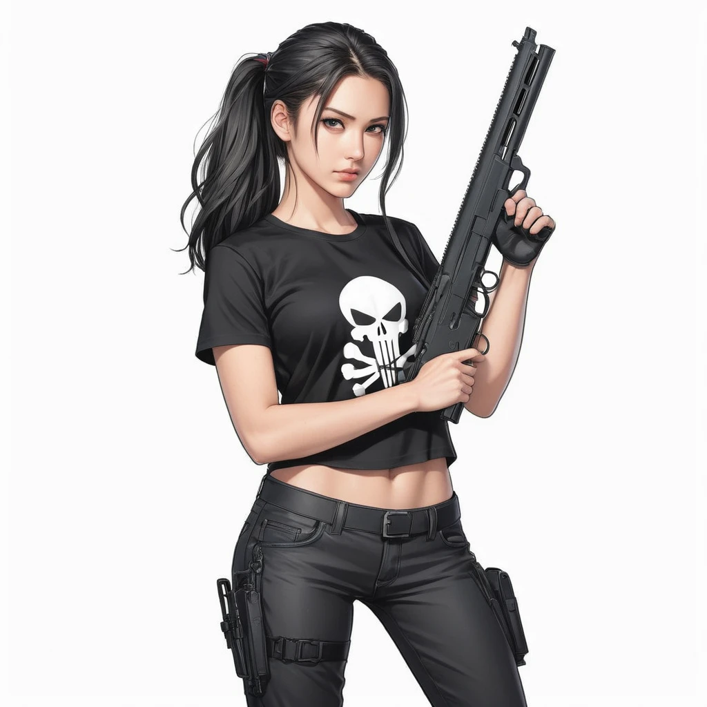 anime artwork of a young sexy punisher woman in a black punisher shirt holding one gun anime manga girl style, entire body in shot, full body shot, anime style, key visual, line art, coloring page, studio anime, highly detailed