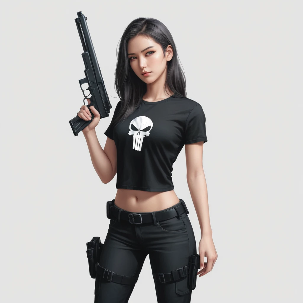 anime artwork of a young sexy punisher woman in a black punisher shirt holding one gun anime manga girl style, entire body in shot, full body shot, anime style, key visual, line art, coloring page, studio anime, highly detailed