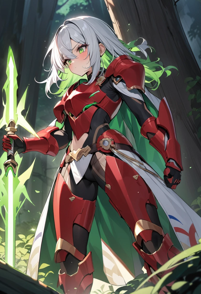 megceromito2023, 1 chico, long white hair, red armor, green energy sword, high quality, Masterpiece, standing with green flames coming from a tree
