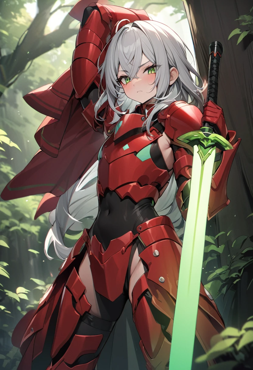 megceromito2023, 1 chico, long white hair, red armor, green energy sword, high quality, Masterpiece, standing with green flames coming from a tree