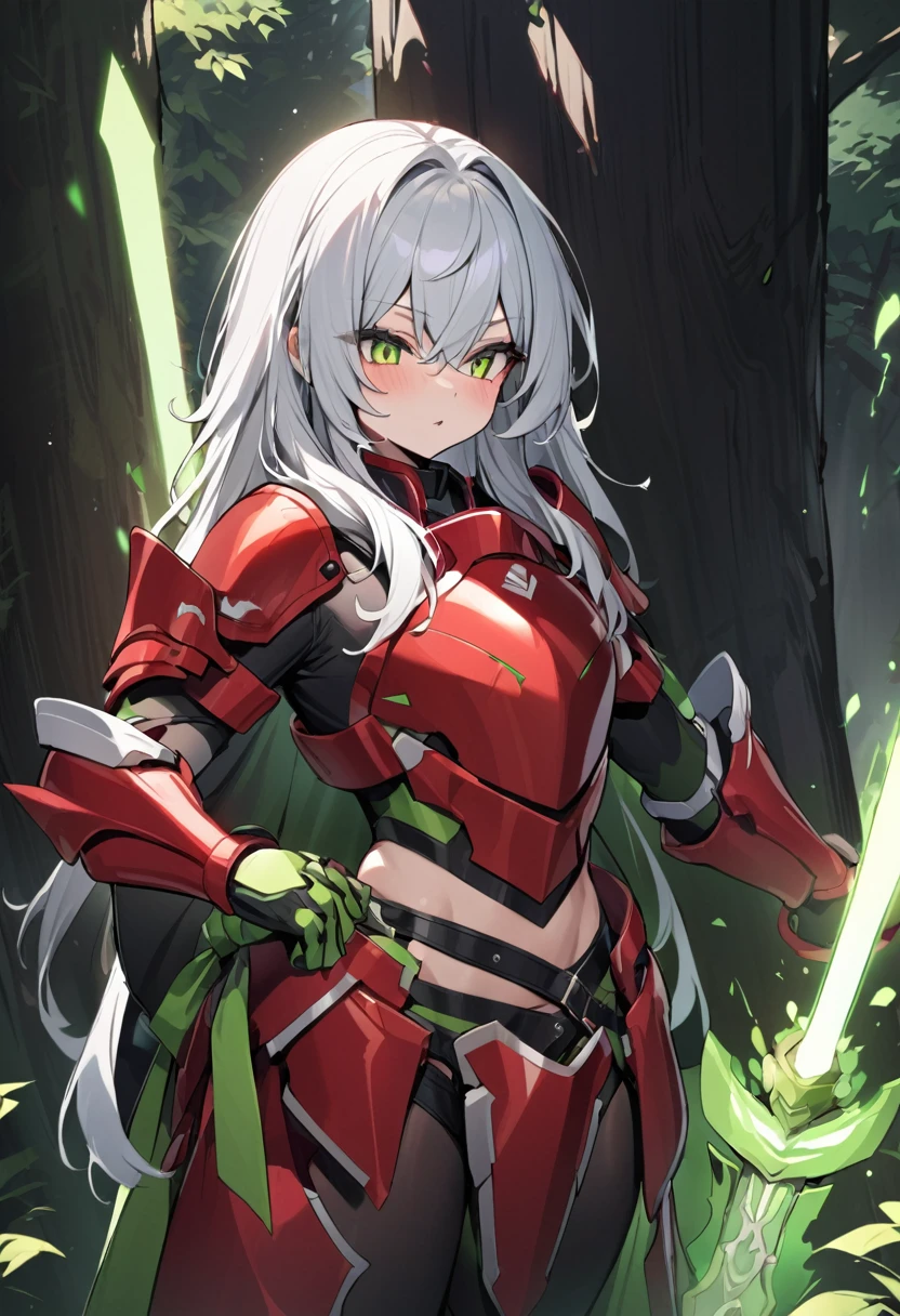 megceromito2023, 1 chico, long white hair, red armor, green energy sword, high quality, Masterpiece, standing with green flames coming from a tree