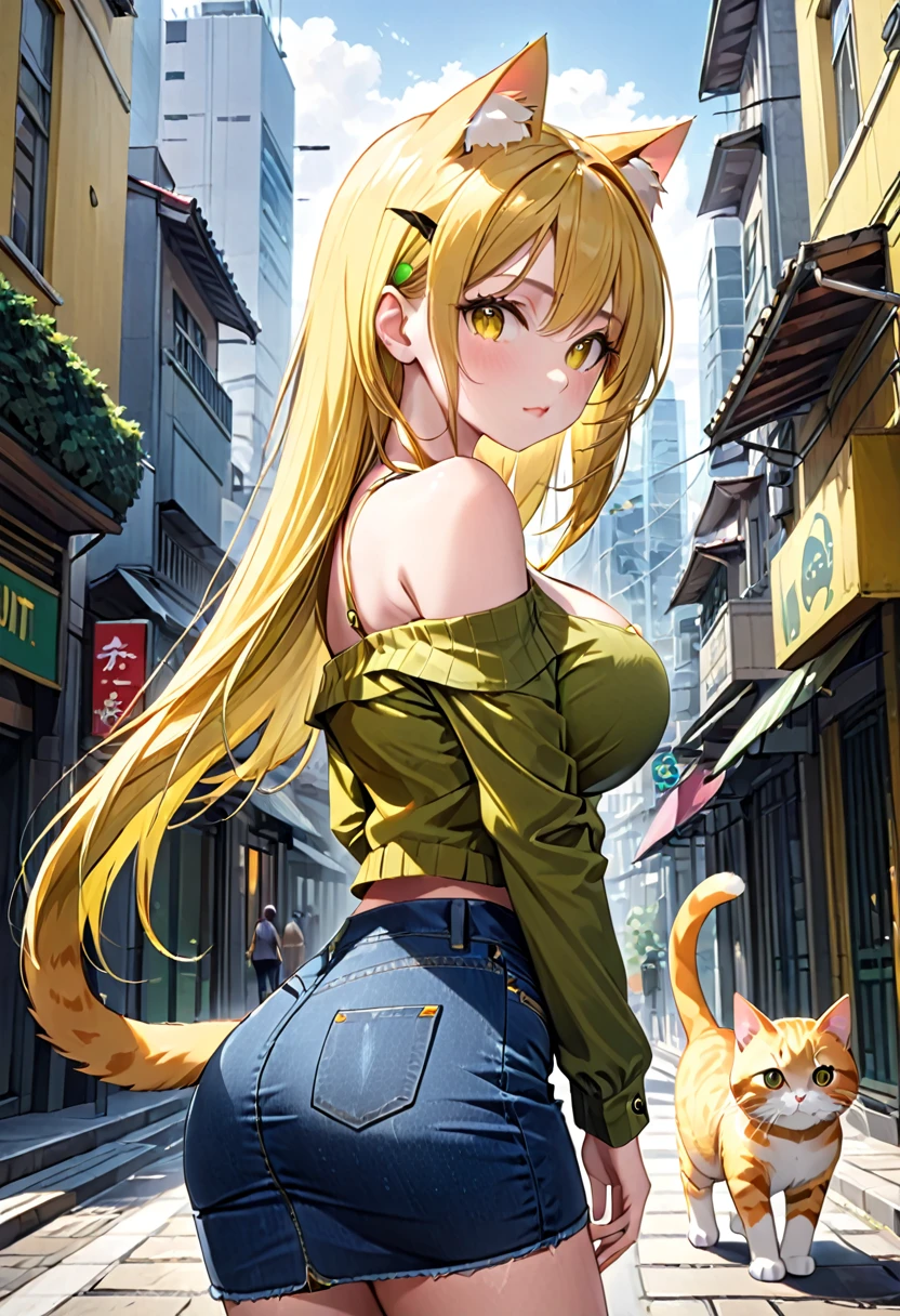 (( straight face picture )) ((best quality)), ((Masterpiece)), (details), Young woman ,cat ears ,yellow hair , Slender eyes , according to green ,Yellow open-shoulder shirt outfit , jeans skirt , has a tail, big breasts,Big butt, Look straight. ,city