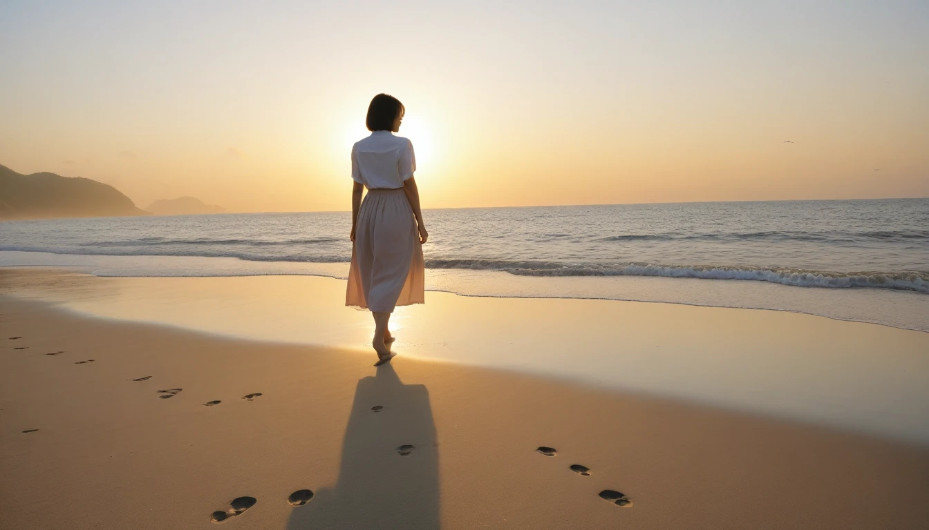 K Realistic, living photos, Realistic appearance of nature, , Woman walking along the beach at sunset. Walking in the distance with a wide angle lens , Back view of an Asian woman wearing a light skirt, burning sunset light, Short hair, own footprints