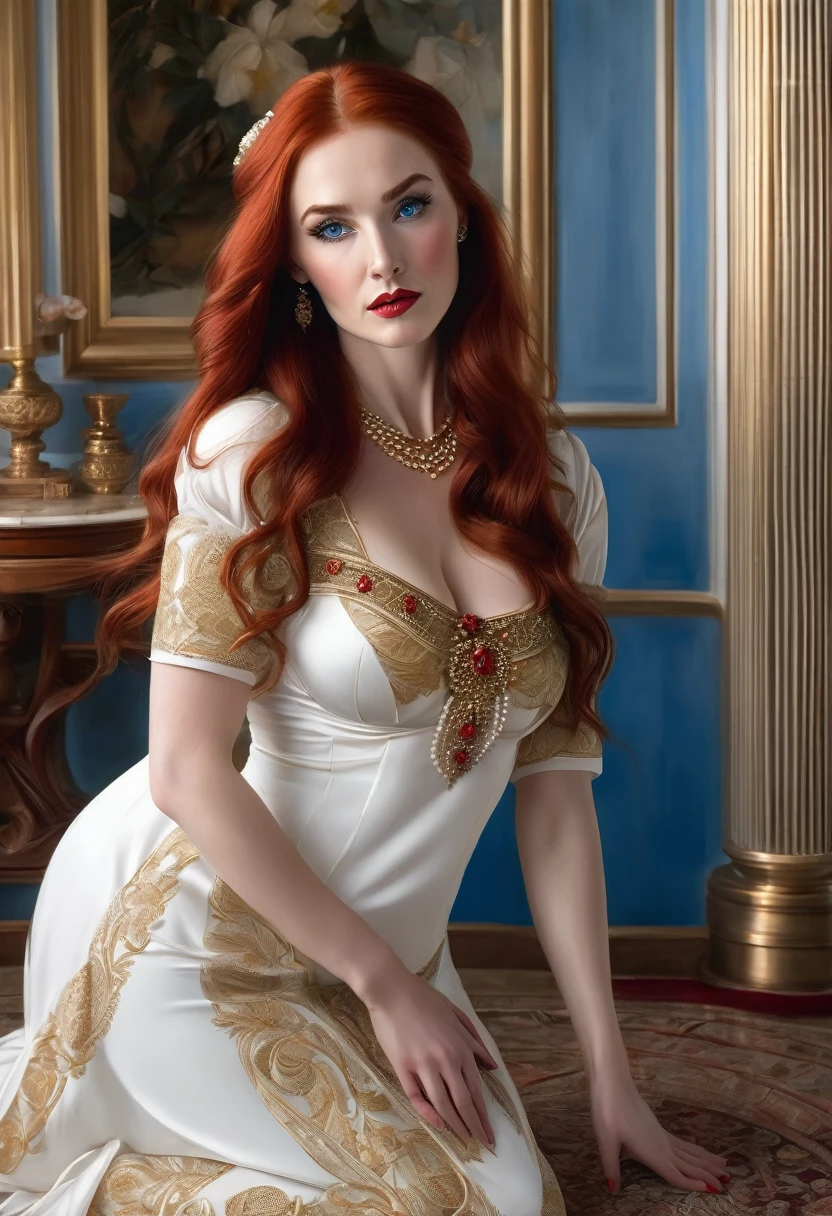 1 woman, tall, mature, voluptuous body, wide hips, big breasts, narrow waist, white skin, long red hair, beautiful blue eyes, perfect face, beautiful face, fine features, red painted lips.
Elegant white dress, gold jewelry, white stockings, white bowls.
kneeling in the middle of a large room, embarrassed expression
(Masterpiece) (High Definition) (Quality) (Detailed) (Perfect Drawing) (Expressive Face)