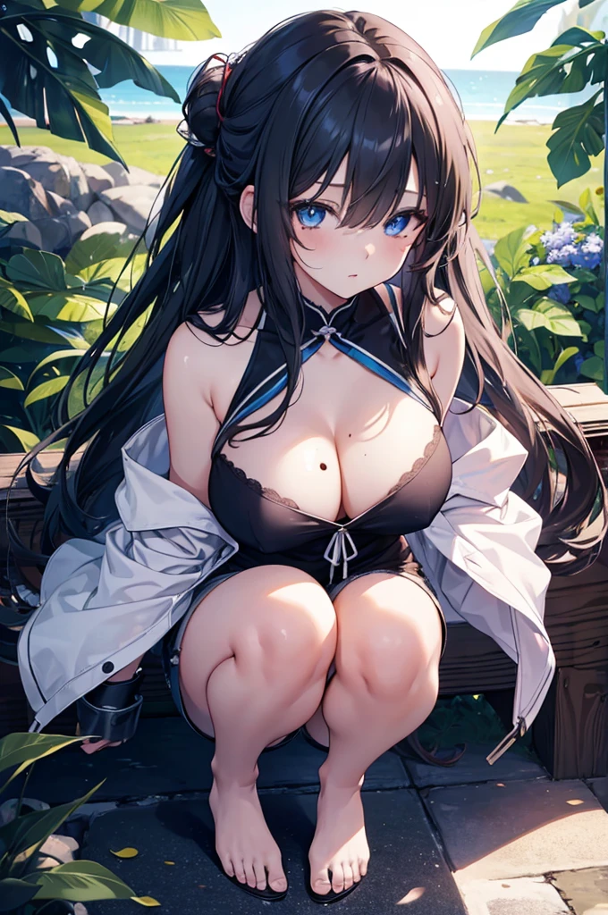 (big breasts, long hair)), (((anime girl))), daylight sunlight, ((full body)), mole on chest, ((shorts)), (extremely detailed 8k cg wallpaper), (extremely delicate and beautiful), (Masterpiece artwork), (the best quality: 1.0), (ultra resolution: 1.0), beautiful lighting, realistic shadows, [high resolution], Detailed aspects, ultra detailed, cleavage, mini black top, (detailed eyes:1.0, perfect eyes, blue eyes)