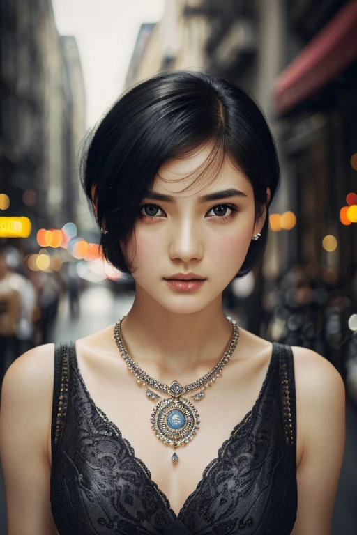 elegant woman in a bustling city street, surrounded by street vendors, beautiful goddess-like girl portrait, beautiful detailed face, porcelain skin, (((medium shot, centered, night, black hair, short hair)), super soft lighting, symmetry, complexity, elegance, high detail, realism, art, conceptart)