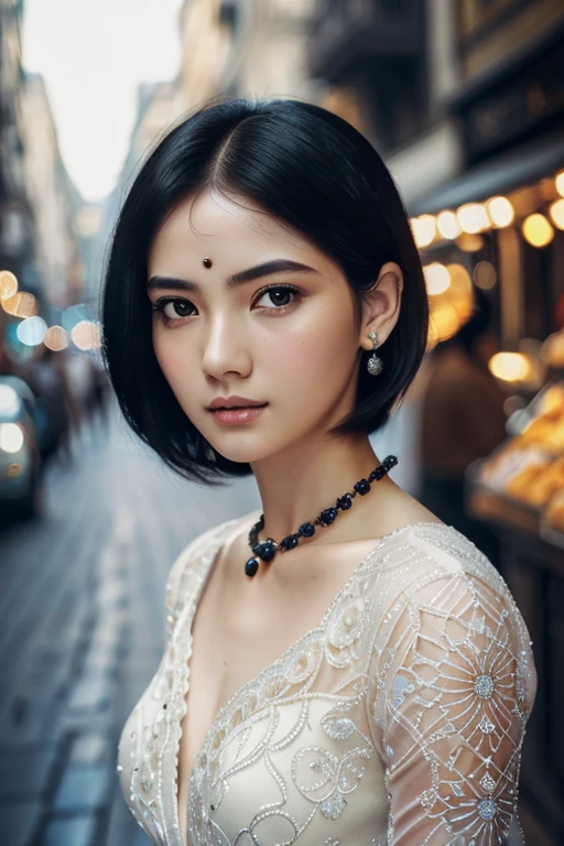 elegant woman in a bustling city street, surrounded by street vendors, beautiful goddess-like girl portrait, beautiful detailed face, porcelain skin, (((medium shot, centered, night, black hair, short hair)), super soft lighting, symmetry, complexity, elegance, high detail, realism, art, conceptart)