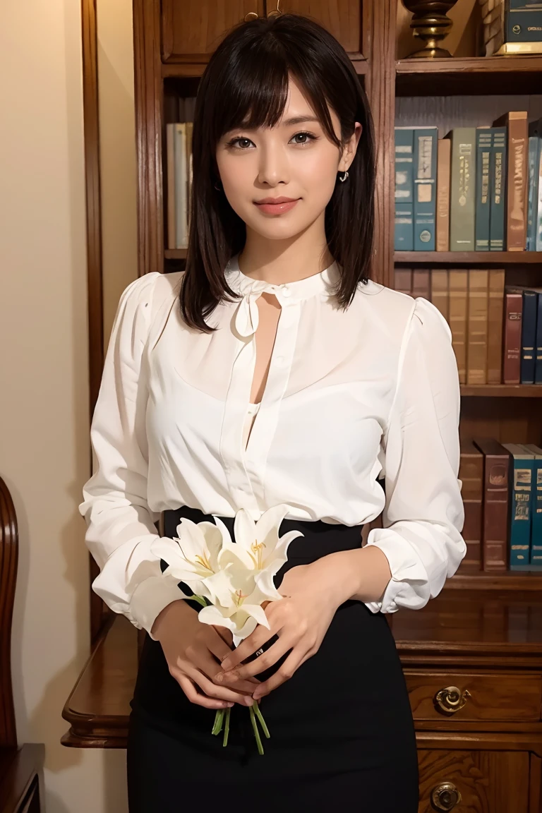 Medium Size Display, Medium Shot, Written boundary depth, bust, Upper Body, Movie angle, masterpiece, Highest quality, Very detailed, CG, 8k wallpaper, Beautiful Face, Delicate eyes, Otome, alone, smile, bangs, skirt, Formal blouse, Bouquet of lilies