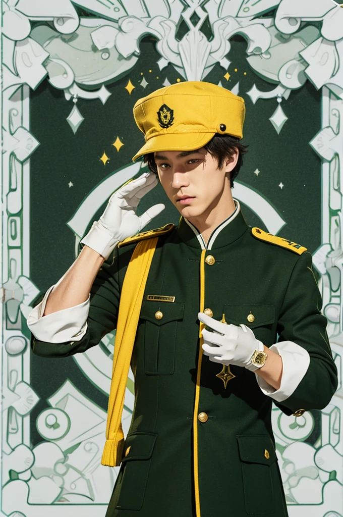 green military uniform, boy, crying, yellow eyes, yellow hair, shot, green military uniform hat, wearing a hat, white gloves