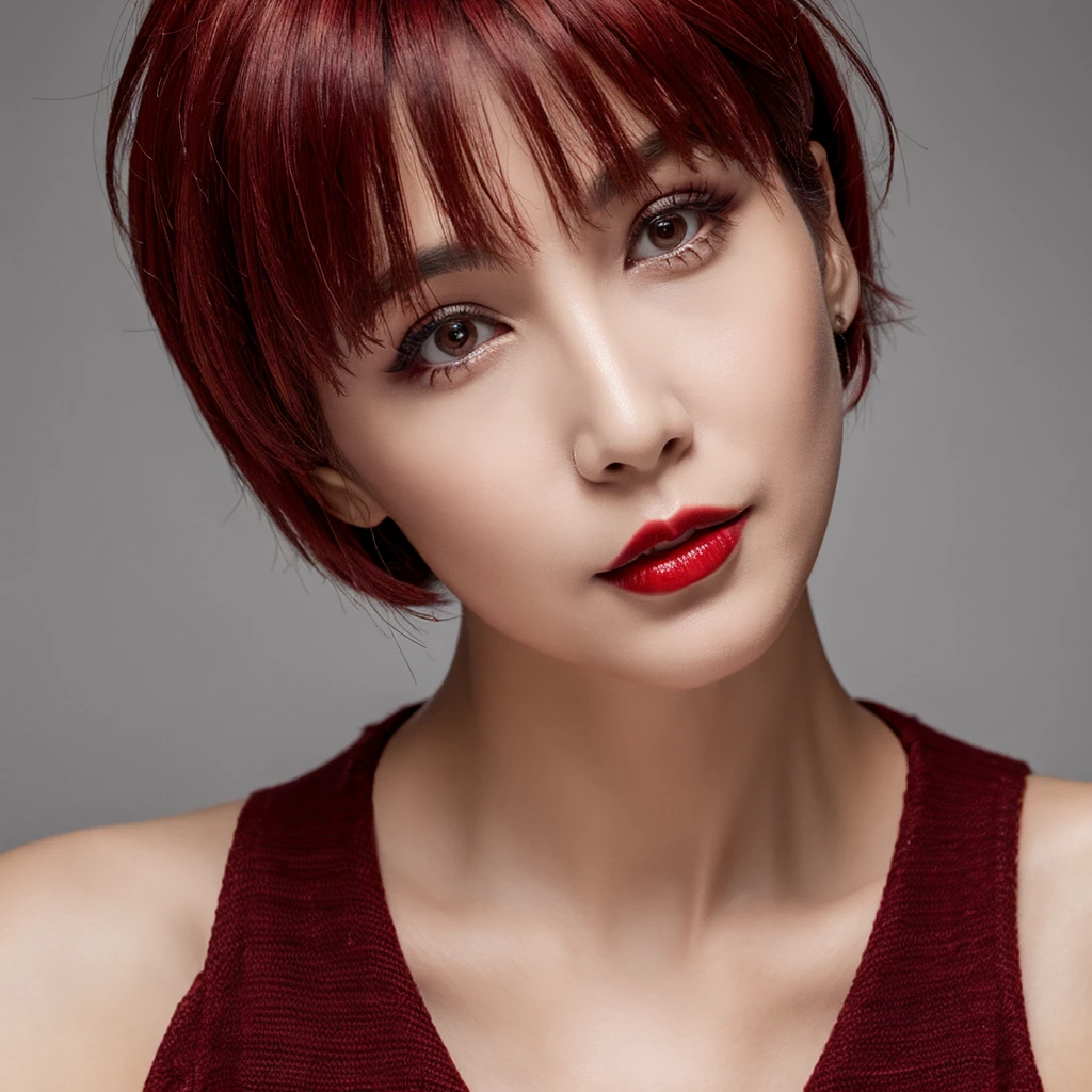 60 year old woman with short red hair and dark red lips