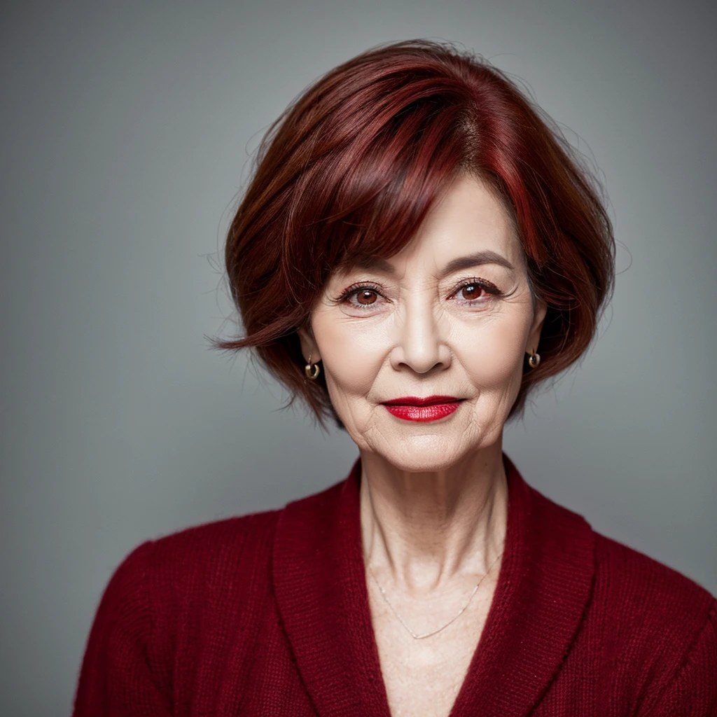 60 year old woman with short red hair and dark red lips
