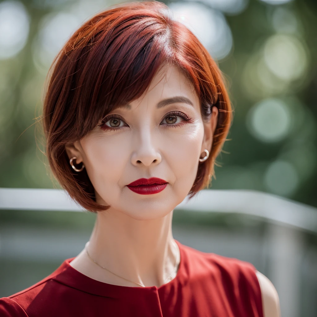 60 year old woman with short red hair and dark red lips

