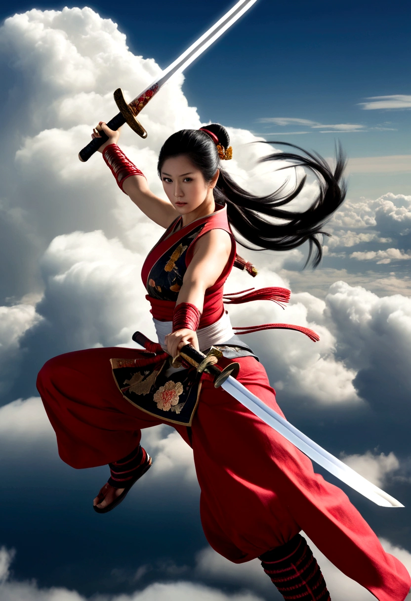 create an illustration of two female samurai warriors flying above the clouds, white samurai woman, and the other is a red samurai woman, holding a drawn sword, looking at each other, dramatic effect, rotating camera view, Japanese anime style