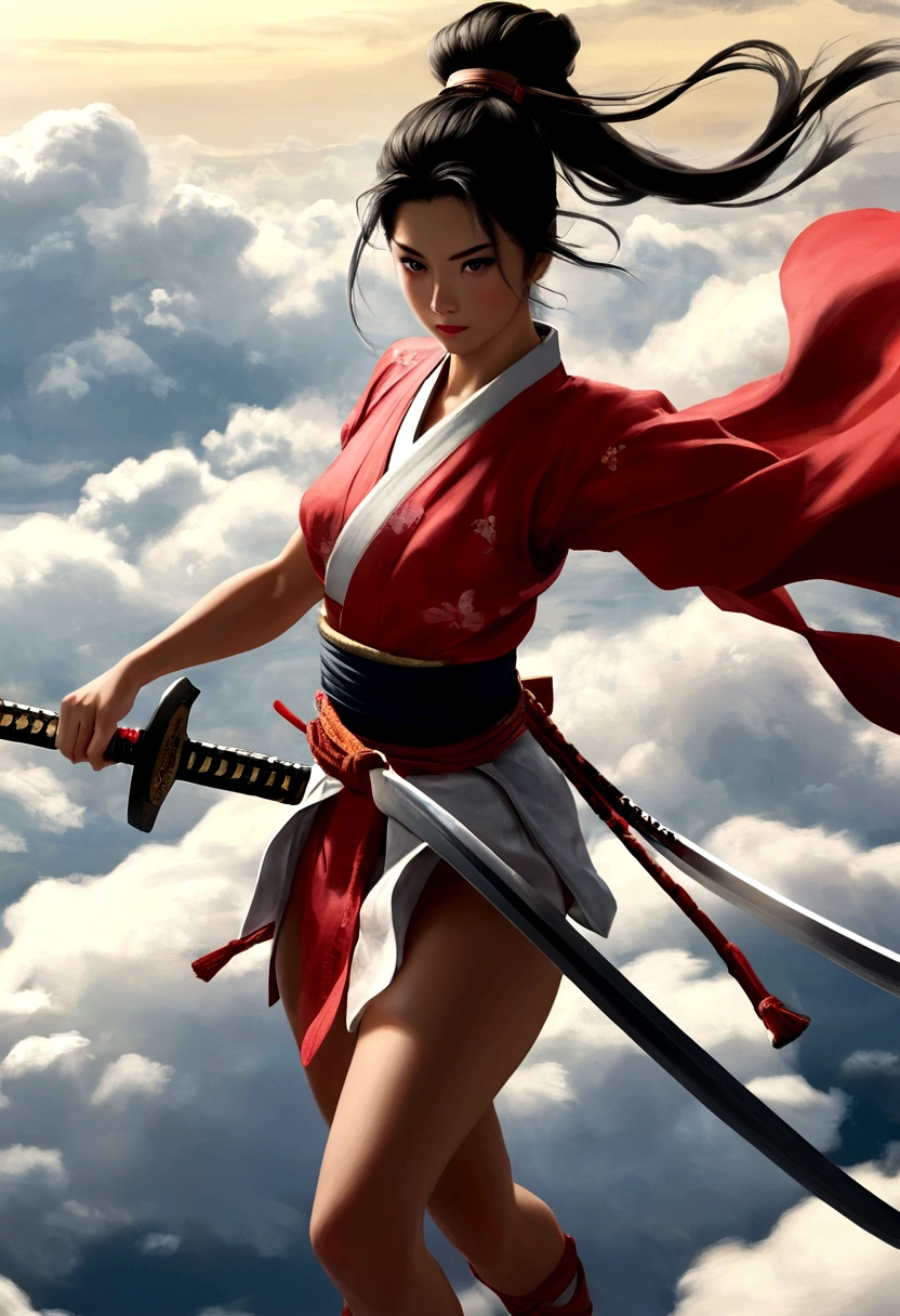 create an illustration of two female samurai warriors flying above the clouds, white samurai woman, and the other is a red samurai woman, holding a drawn sword, looking at each other, dramatic effect, rotating camera view, Japanese anime style