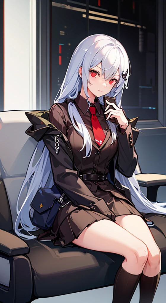 Girl with long white hair, red eyes, sitting on a guys lap.