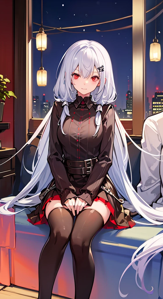 Girl with long white hair, red eyes, sitting on a guys lap.