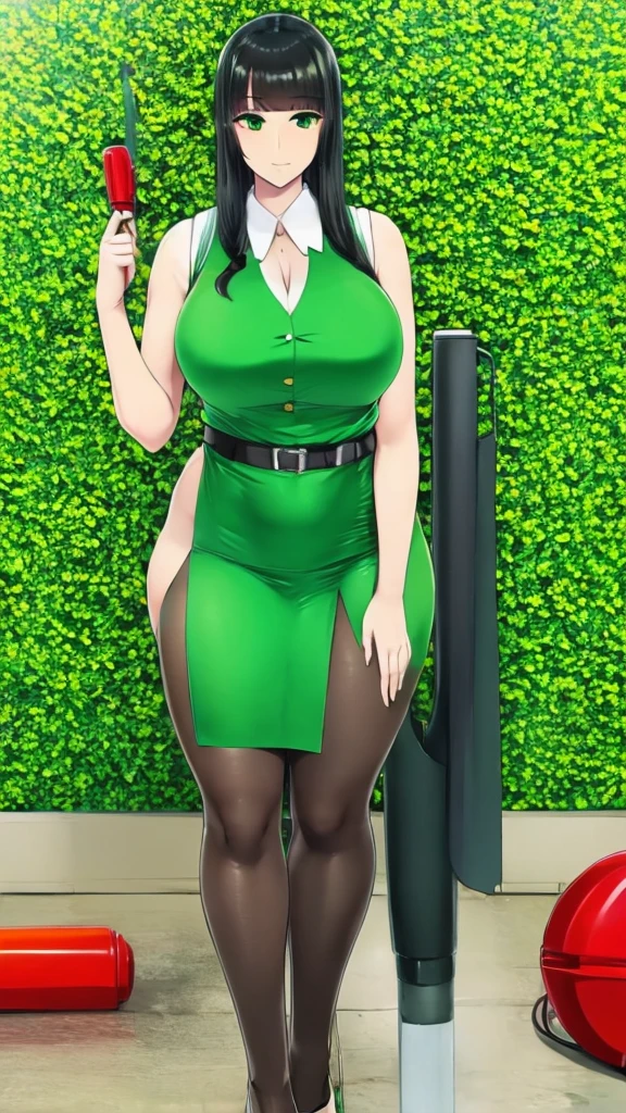 a tall woman temple teacher I learned wind air blower leaf long black hair her green eye wears a green sleeveless shirt with a button and a long green maxiskirt with a black heel