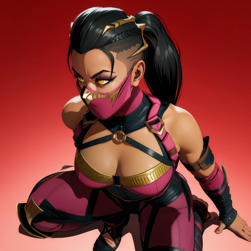 mileena, mortal kombat, insanely detailed, raw, sitting, shot in 8k, black hair, ponytail, lips, yellow catlike eyes, pink bodysuit, full body, mask, dynamic pose, royal castle, fiery background