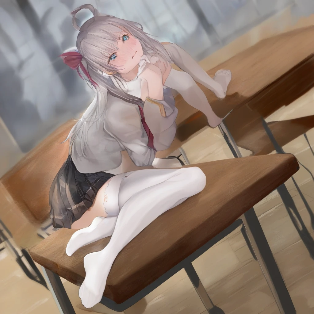One girl, Alisa Mikhailovna Kujo,Tomorrow, my friend, Arya-san, will be visiting Russia.,alone, Long Hair, Eyebrows visible through hair, Hair between the eyes, Silver Hair, Hair Ribbon, blue eyes, Medium chest, ,White legwear,zettai ryouiki, Long sleeve, Beige jacket,From below, The legs are off the frame, View your viewers, Apply blush all over the face, In the classroom、With his back to the window, sitting cross-legged on a chair、Barefoot left foot、Mouth closed,White lace panties、Highest quality, so beautiful, Absurd
