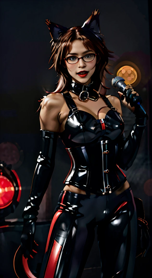 (Best quality, 4k, 8k, Ultra HD, High resolution, masterpiece:1.2), Catra as Mettaton, full spandex/latex attire (reds and blacks), neon lights, flawless makeup, happy singing pose, cat ears, fierce expression, long hair, simple greyscale background, sleek design, captivating stage presence, captivating red lipstick, confident stance, fashion model, anime glasses, anime tinted red shades, black latex pants, black latex corset, holding a large stage microphone, performance microphone, black microphone, singing stance, extremely tight corset, red bow tie around neck, medium nougat-skin color, heart-shaped silver belt buckle, long slick cat tail, thick armored metal belt, heart on armored red chestplate, long hair, brown hair, heavily armored black cuirass, chest encased in armor, black turtleneck armored, wide hips, brown hair, thick flowing brown hair,black undersuit, white mascot gloves, cuffed gloves
