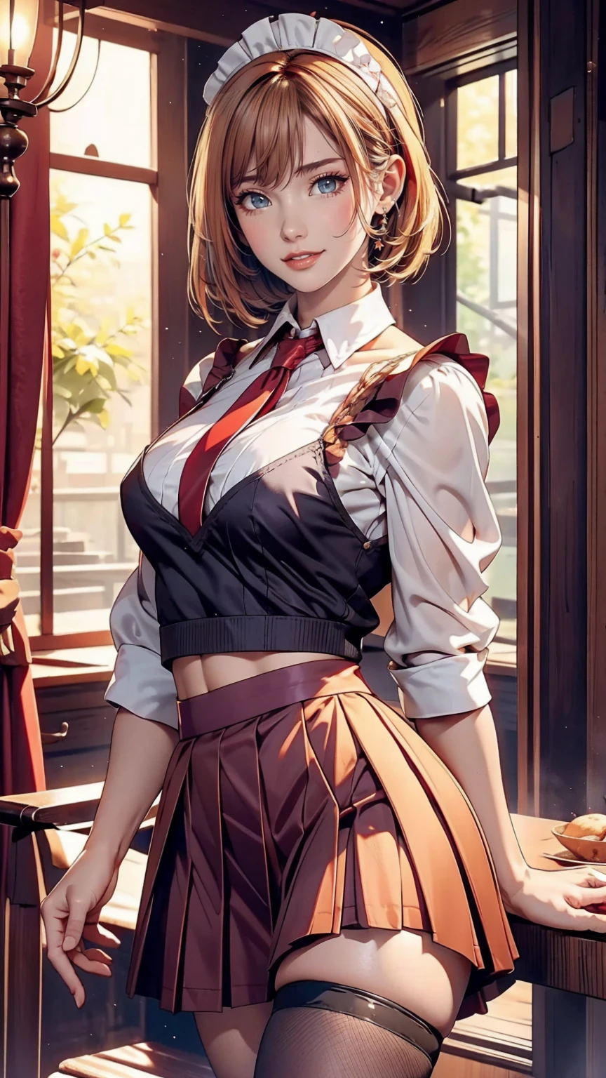 Maid, Blonde, Purple eyes, smile、Headdresaid服、Red hair、Pixie Cut、Sexy proportions、Sexy、Wear a mini pleated skirt