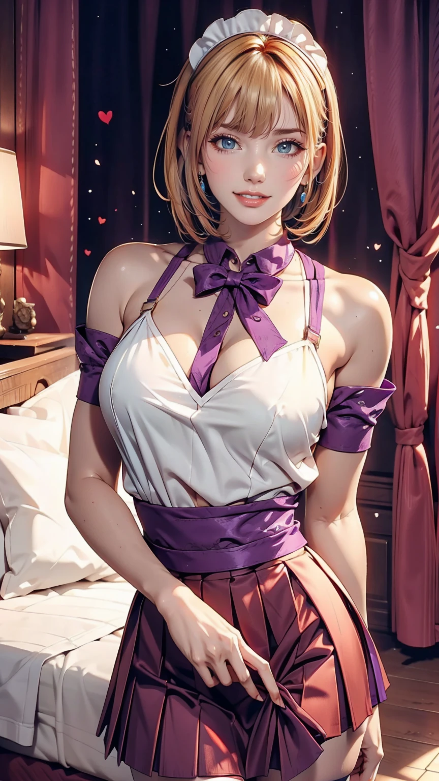 Maid, Blonde, Purple eyes, smile、Headdresaid服、Red hair、Pixie Cut、Sexy proportions、Sexy、Wear a mini pleated skirt