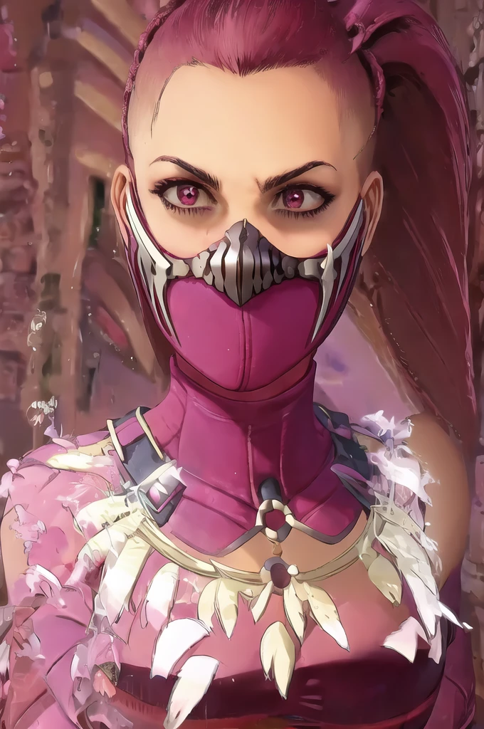 absurdres, mileena, pink mouth mask, portrait 