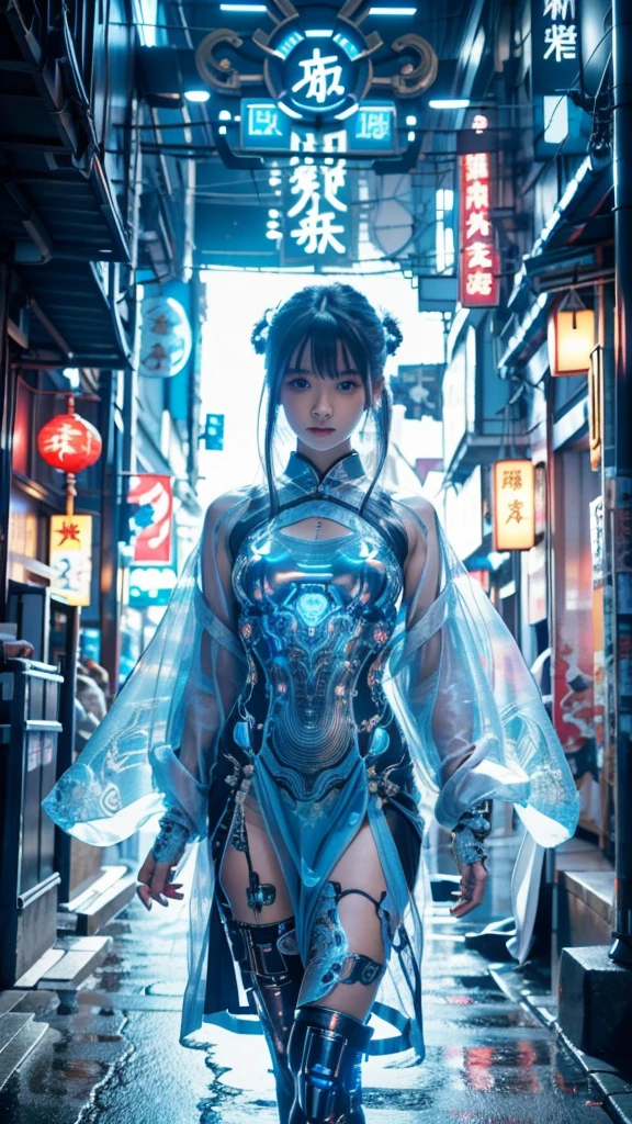 Neo Tokyo,Cyberpunk 12 year old very pretty and beautiful and girl with mysterious atmosphere,  in appearance and graceful in traditional Japanese costume and design, beautiful light blue eyes, biomechanical, Japanese traditional graceful Japanese room, long black hair, bangs, face, hands, design and decorations are detailed and clearly drawn, ultra-realistic and realistic images of super high quality