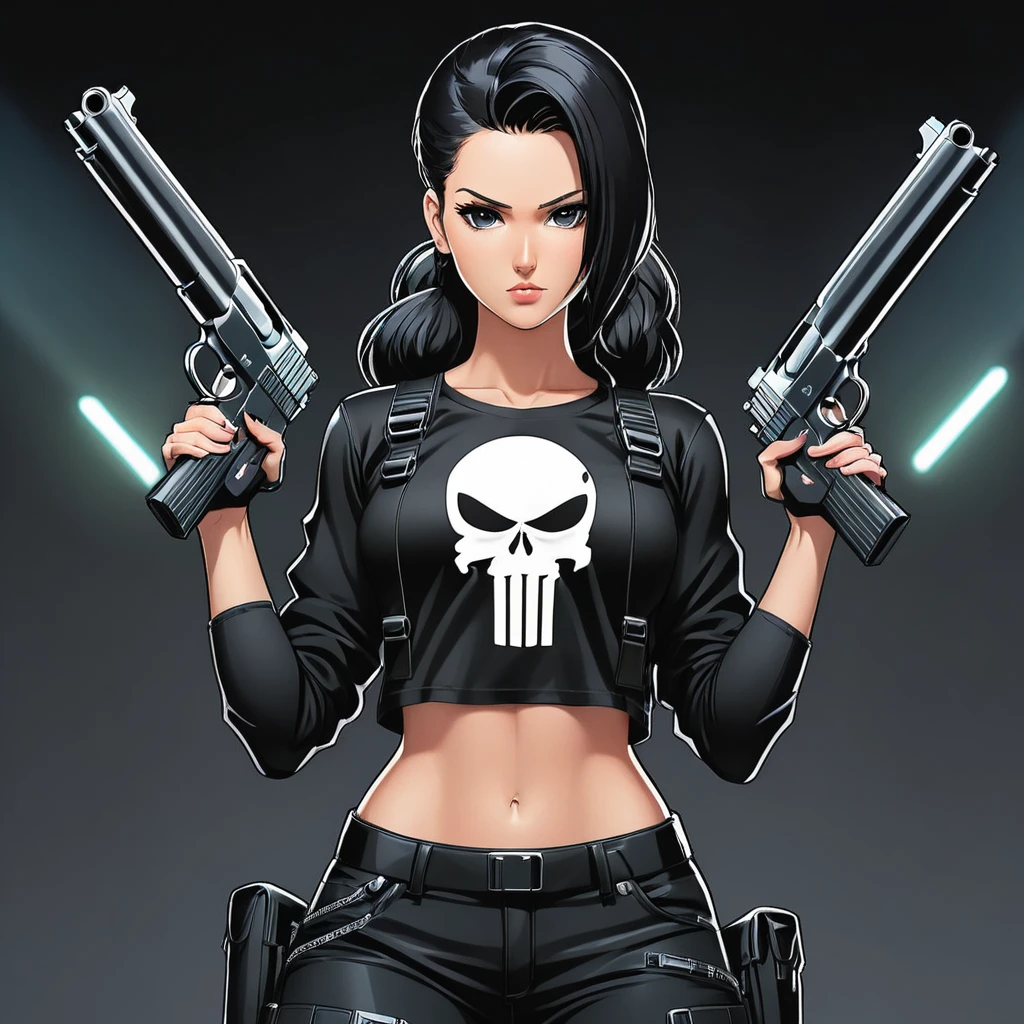 anime artwork of a young sexy punisher woman in a black punisher shirt holding one gun anime manga girl style, entire body in shot, full body shot, anime style, key visual, line art, coloring page, studio anime, highly detailed
