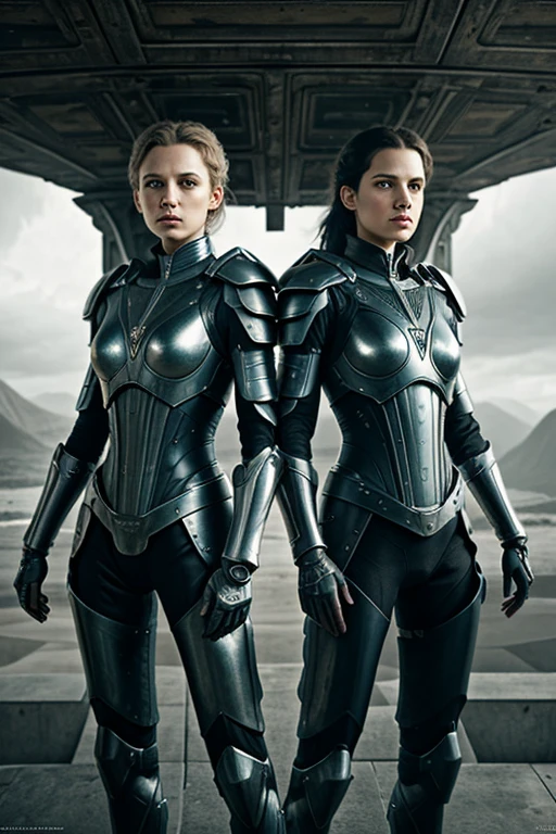 There are two women in armor standing next to each other, highly detailed surreal vfx, inspired by Peter Lindbergh, desaturated and dull colors, inspired by Nikola Avramov, relojpunk, detailed and beautiful faces, by Steven James Petruccio, Prometheus (2012)