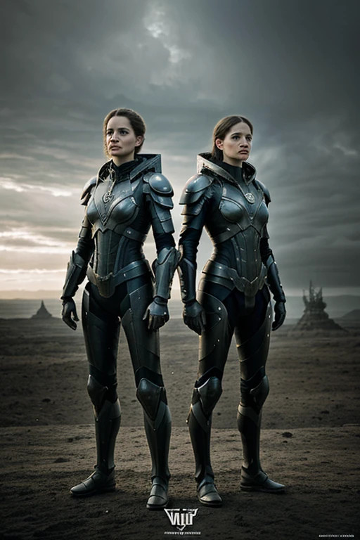 There are two women in armor standing next to each other, highly detailed surreal vfx, inspired by Peter Lindbergh, desaturated and dull colors, inspired by Nikola Avramov, relojpunk, detailed and beautiful faces, by Steven James Petruccio, Prometheus (2012)