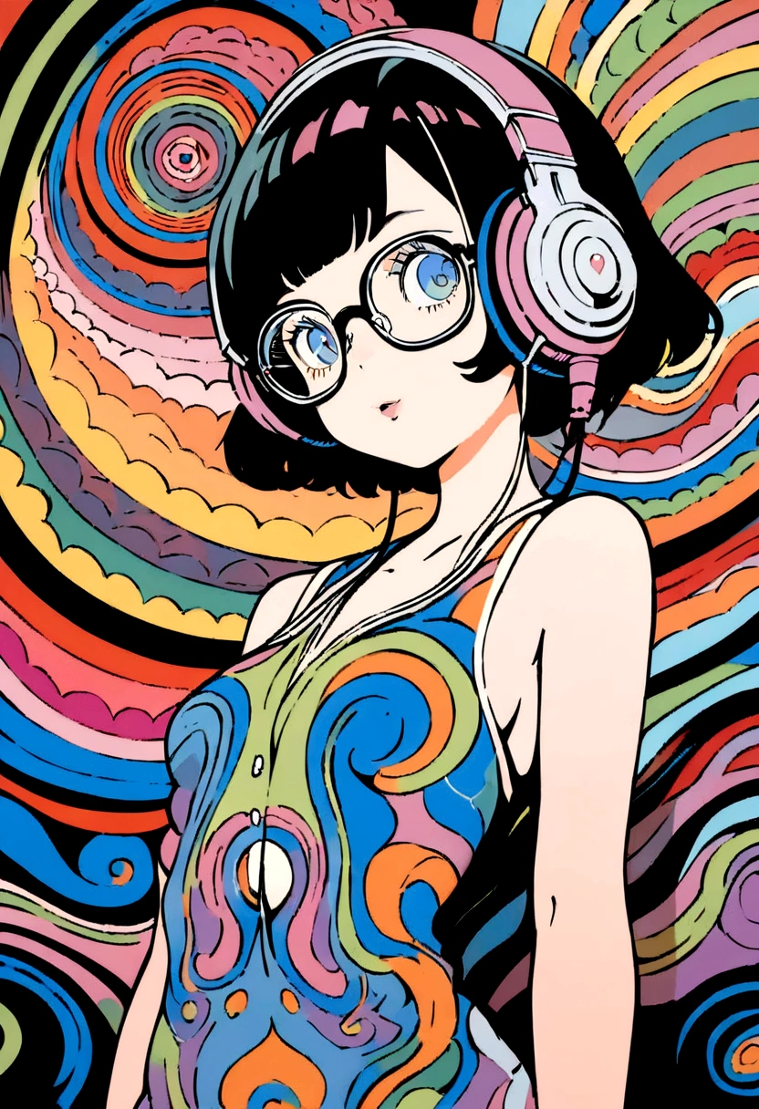 ((top-quality)), ((​masterpiece)), (extremely detailed fine touch:1.3), psychedelic art, ukiyoe art, 1girl, solo, short hair, (((under-rimmed glasses:1.3))), (headphones:1.3), medium breasts, bare arms, 
